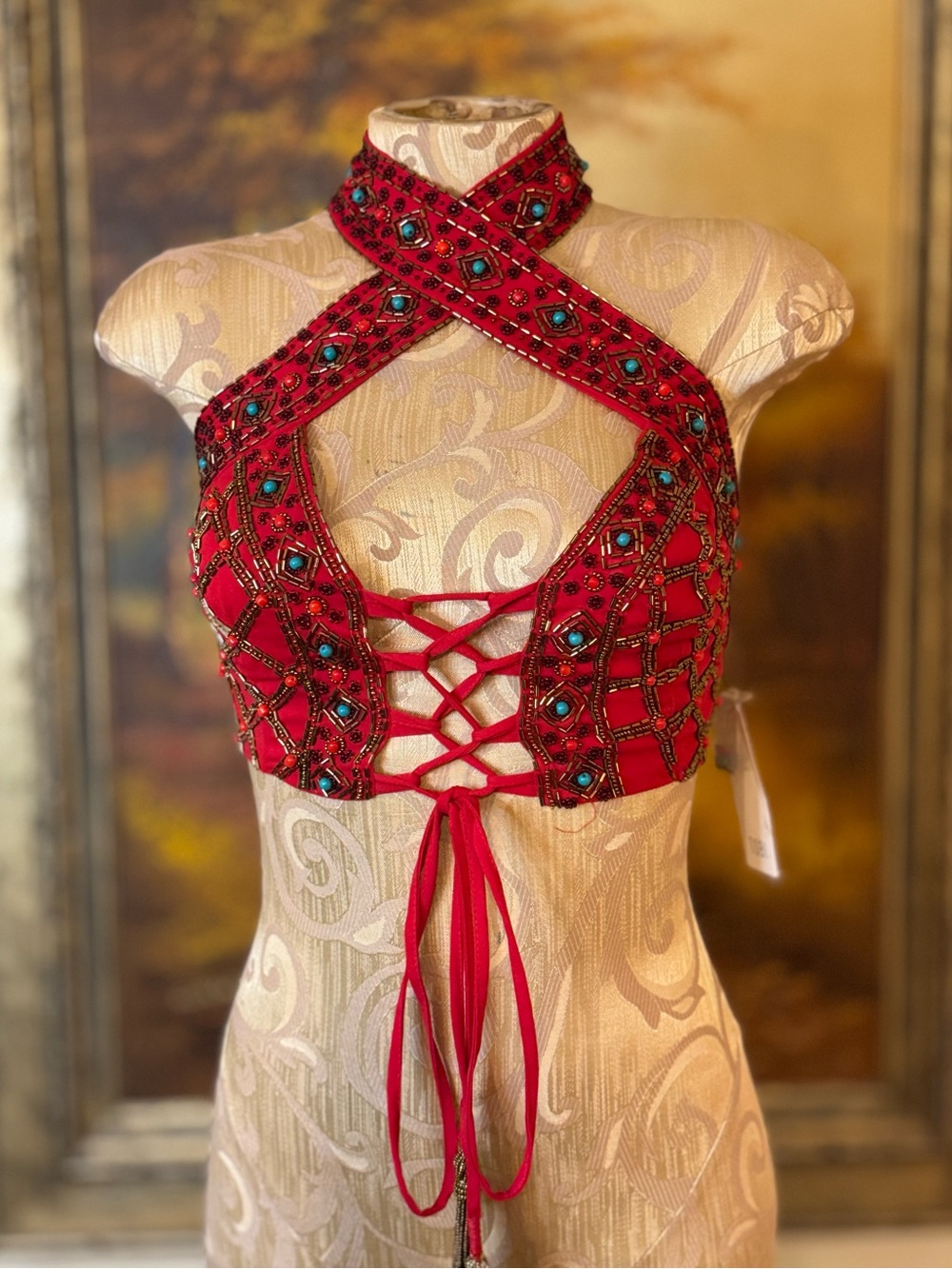 Red Embellished Halter Lace-Up Crop Top from Toni